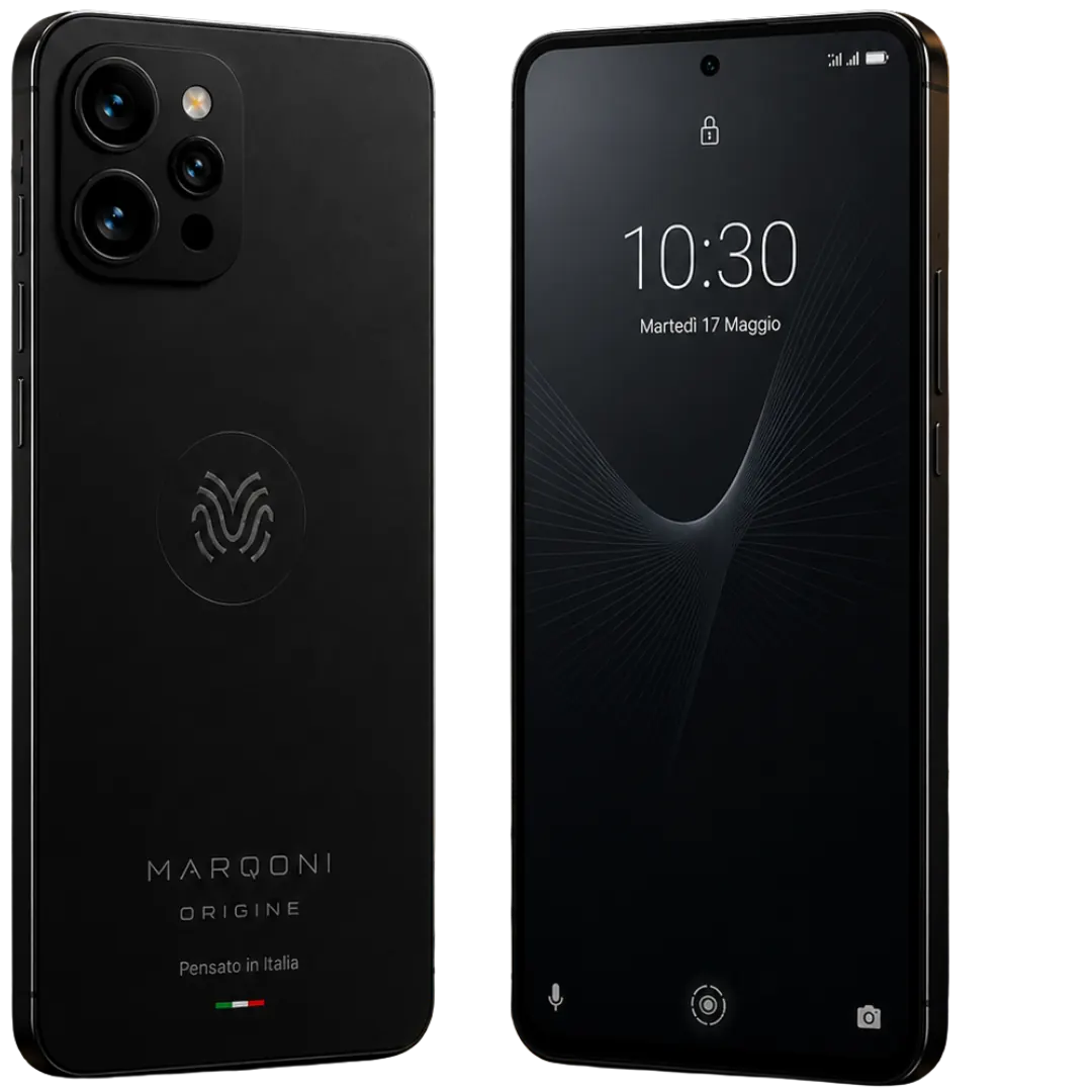 Marqoni Origine smartphone nero con logo impronta e scritta Pensato in Italia