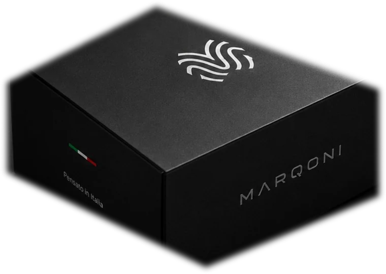Packaging sostenibile Marqoni Origine con scatola nera premium