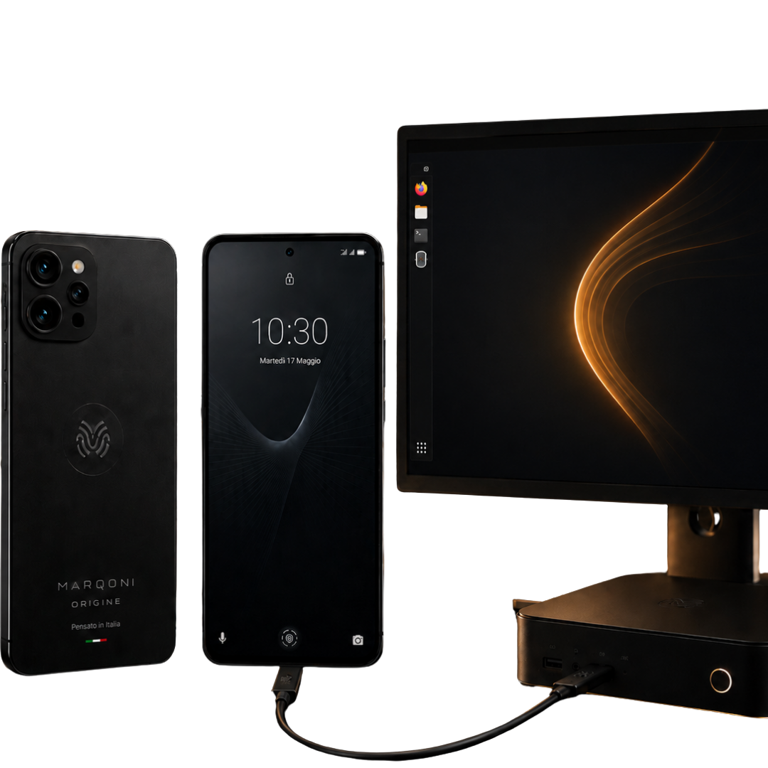 Marqoni Origine collegato a laptop Linux tramite USB-C in modalità desktop